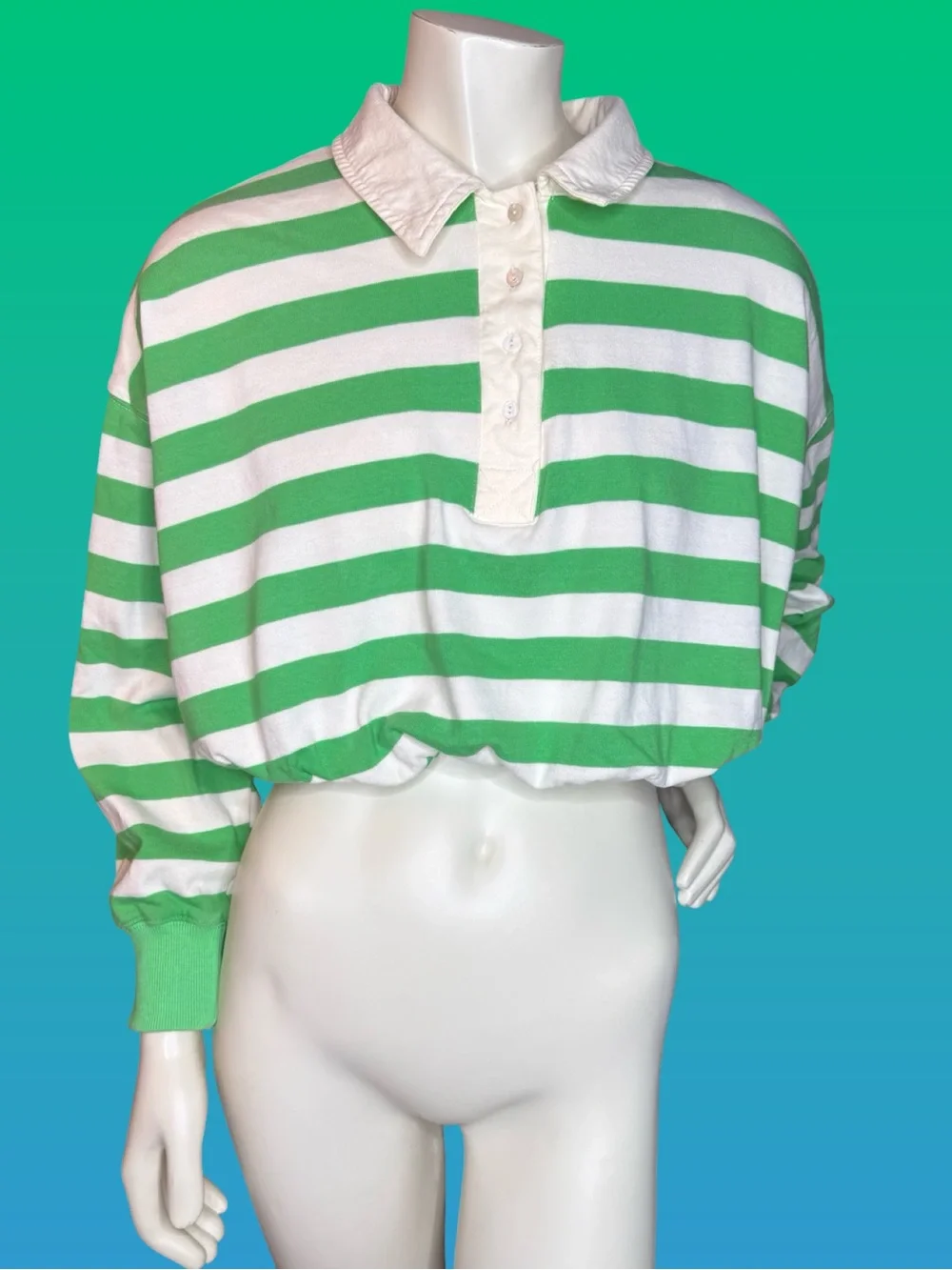 Peach Love California Cropped Rugby Polo Sweater Green Stripe Long Sleeve